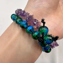 Vintage Amethyst & Green Glass Stretch Bracelet Set | Natural Crystal Chip Bracelet Duo | Boho Gemstone Stack Bracelets | Y2K Beaded Jewelry