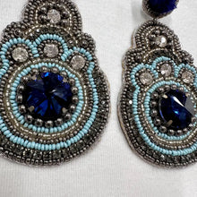 Vintage Blue Beaded Statement Earrings – Oversized Felt & Crystal Embellished Drops