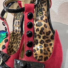 Red Suede Black Patent T-Strap Heels: Leopard Insole, Button Detail Pumps (Size 10)