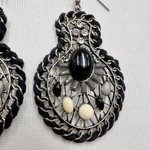 Statement Black & White Mosaic Earrings | Boho Teardrop Dangle Earrings | Silver Tone Beaded Drop Earrings