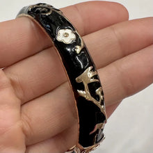 Vintage Black Enamel Floral Hinge Bangle | Gold-Tone Botanical Bracelet | Elegant Statement Jewelry
