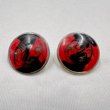 Vintage Red & Black Abstract Enamel Stud Earrings | Retro Round Statement Earrings | 80s Art Jewellery