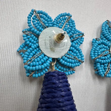 Vintage Blue & Turquoise Beaded Floral Statement Earrings | Raffia Drop Earrings | Tropical Boho Dangle Earrings
