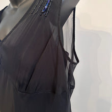 Black Sheer Overlay Maxi Dress, Blue Sequin Embellished Shoulders, Sleeveless V Neck Evening Dress, Elegant Formal Gown, Sheer Hem