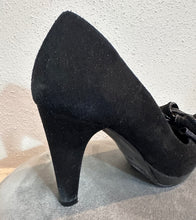 Vintage Black Suede Peep-Toe Heels with Statement Bow