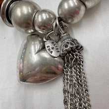 Vintage Stretch Charm Bracelet | Brown Ceramic Beads & Silver Tone Heart Tassel | Chunky Statement Jewelry