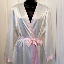 Vintage Relax At Home Satin Robe | White Pink Trim Kimono Loungewear