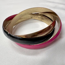 Vintage Triple Bangle Bracelet | Hot Pink, Black & Antique Gold Connected Bangles | Bold Y2K Statement Jewelry