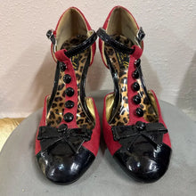 Red Suede Black Patent T-Strap Heels: Leopard Insole, Button Detail Pumps (Size 10)