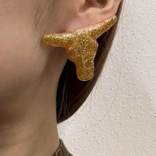 Vintage Glitter Longhorn Skull Statement Earrings | Gold Western Cowgirl Resin Studs