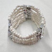 Vintage White Beaded Cuff Stretch Bracelet | Multi Strand Seed Bead Bracelet | Silver Tone Statement Cuff | Boho Minimalist Layered Jewelry