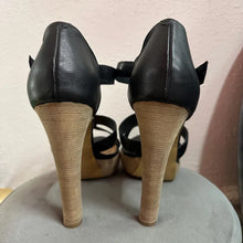 Black Leather Platform Heels Size AU 10 | Strappy Minimal Sandals Chunky Heel