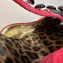 Red Suede Black Patent T-Strap Heels: Leopard Insole, Button Detail Pumps (Size 10)