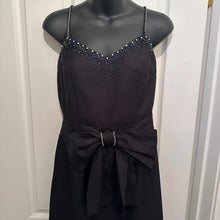 Vintage Handmade Black Evening Gown with Iridescent Rhinestone Straps & Detachable Bow Belt - Open Back Formal Maxi Dress