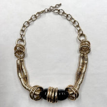 Vintage Gold Statement Necklace – Articulated Tube Segments with Black Glass Bead Centre