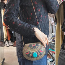 Vintage Bohemian Metal Clutch Bag | Turquoise Style Stone Crossbody Purse | Tribal Mosaic Evening Bag
