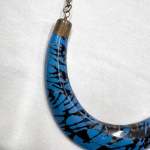 Vintage Blue Statement Necklace – Sculptural Crescent Resin Pendant with Abstract Black Pattern