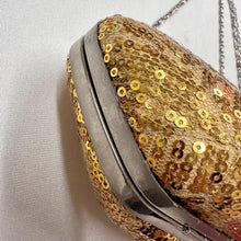 Gold Sequin Evening Clutch Bag | Rhinestone Clasp, Chain Purse, Vintage Glam Handbag