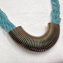 Vintage Turquoise Beaded Statement Necklace – Braided Aqua Glass, Gold-Tone Centre Pieces