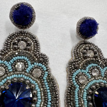 Vintage Blue Beaded Statement Earrings – Oversized Felt & Crystal Embellished Drops