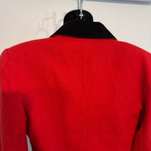 Vintage French Red Wool Blazer, 80s Red Double Breasted Jacket, Black Velvet Collar, Tailored Peplum Jacket, Made in France