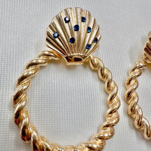 Vintage Gold Seashell Hoop Earrings | Nautical Twist Hoop Earrings | Blue Crystal Statement Earrings | Coastal Vintage Jewellery