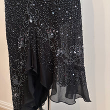 Vintage Black Beaded Sequin One Shoulder Maxi Dress, Silver Floral Embellished Evening Gown, Asymmetric Ruffle Hem, Statement Party Dress