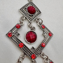 Statement Red Rhinestone Chandelier Earrings | Oversized Geometric Dangle Earrings | Silver Tone Gothic Boho Earrings