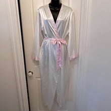 Vintage Relax At Home Satin Robe | White Pink Trim Kimono Loungewear
