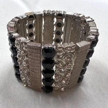Vintage Stretch Rhinestone Cuff Bracelet / Black & Silver Statement Bracelet / Glam Elastic Bangle