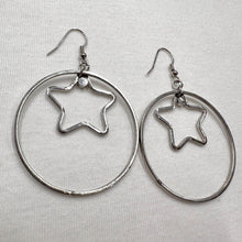 Silver Star Hoop Drop Earrings – Minimal Celestial Circle Statement