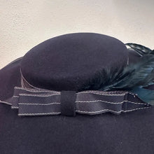 Vintage Black Wool Wide Brim Hat | Feather Trim, Ribbon Detail, Made in New Zealand