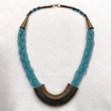 Vintage Turquoise Beaded Statement Necklace – Braided Aqua Glass, Gold-Tone Centre Pieces