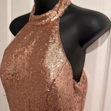 Bariano Rose Gold Sequin Halter Maxi Dress – Y2K Glam Open Back Formal Gown