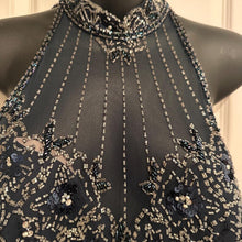 Vintage 1980s Beaded Fringe Dress | Midnight Blue Asymmetric Mock Neck Evening Gown