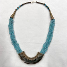 Vintage Turquoise Beaded Statement Necklace – Braided Aqua Glass, Gold-Tone Centre Pieces