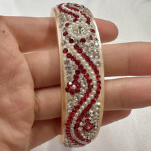 Vintage Rhinestone Pearl Bangle Bracelet, Red Crystal Embellished Cream Lucite Style Bracelet, Y2K Glam Statement Jewelry