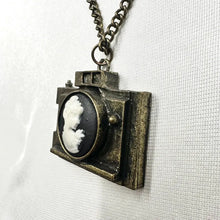 Vintage Cameo Camera Pendant Necklace, Antique Bronze Tone Long Chain Necklace, Victorian Revival Portrait Charm, Unique Statement Jewelry