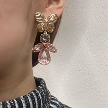 Vintage Butterfly Crystal Statement Earrings | Gold Butterfly Drop Earrings | Pink Rhinestone Glam Earrings | Romantic Coquette Jewellery