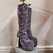 Y2K Platform Knee High Boots by Luchiny | Metallic Snake Print Leather Boots EU 38