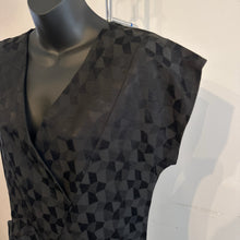 Vintage Black Geometric Jacquard Wrap Dress, V-Neck, Sleeveless, Architectural Style