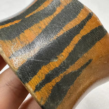 Vintage Wooden Zebra Print Wide Bangle Bracelet, Chunky Brown Black Statement Cuff, Retro Animal Print Boho Bracelet