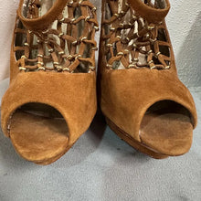 Vintage Brown Suede Open Toe Platform Heels – Lace-Up Stiletto Pumps (US 10)
