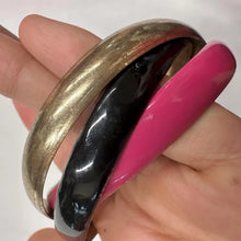 Vintage Triple Bangle Bracelet | Hot Pink, Black & Antique Gold Connected Bangles | Bold Y2K Statement Jewelry