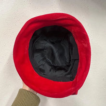 Vintage Red Velour Cloche Hat | Oversized Bow, Asymmetrical Brim, Plush Fabric (54cm)