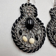 Statement Black & White Mosaic Earrings | Boho Teardrop Dangle Earrings | Silver Tone Beaded Drop Earrings
