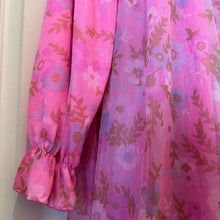 Vintage Pink Floral Sheer Housecoat Dressing Gown - Ruffled Collar Button Front Maxi Duster Robe