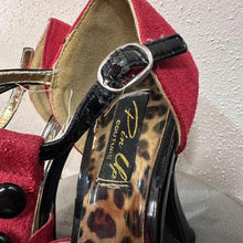 Red Suede Black Patent T-Strap Heels: Leopard Insole, Button Detail Pumps (Size 10)