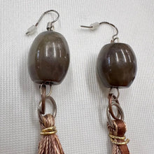 Vintage Olive Acrylic Bead Tassel Earrings | Long Boho Fringe Drop Earrings | Earth Tone Statement Earrings