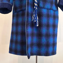 Vintage Blue Plaid Wool Wrap Coat | 100% Pure Wool, Oversized Belted Jacket